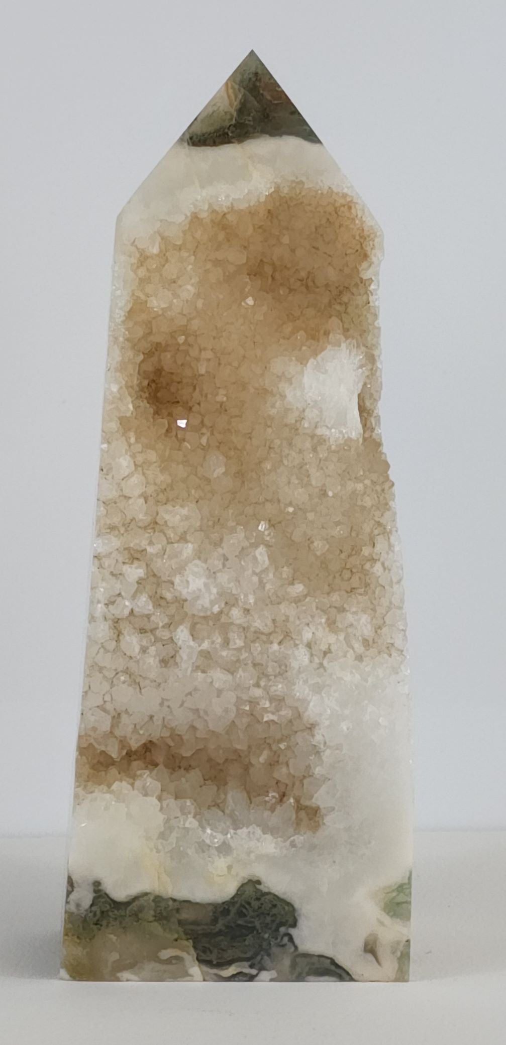 Moss Agate Gemstone Tower With Exposed Druzy