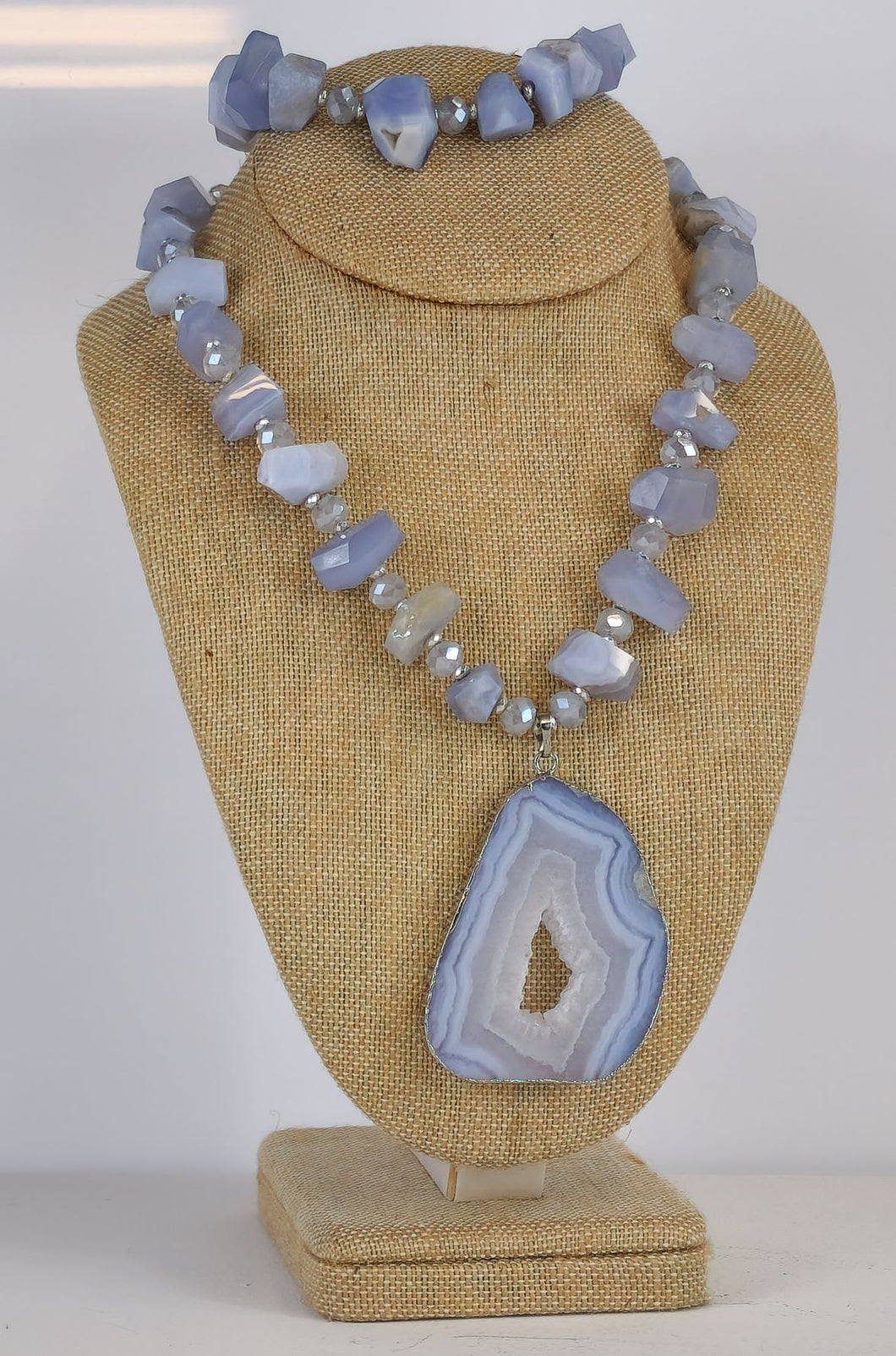 Crazy Blue Lace Agate Gemstone Necklace, Bracelet and Pendant Set