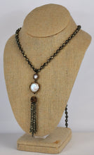 Load image into Gallery viewer, Pyrite Necklace With Fresh Water Coin Pearl and Chocolate Crystal Tassels
