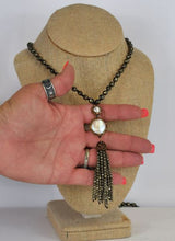 Load image into Gallery viewer, Pyrite Necklace With Fresh Water Coin Pearl and Chocolate Crystal Tassels
