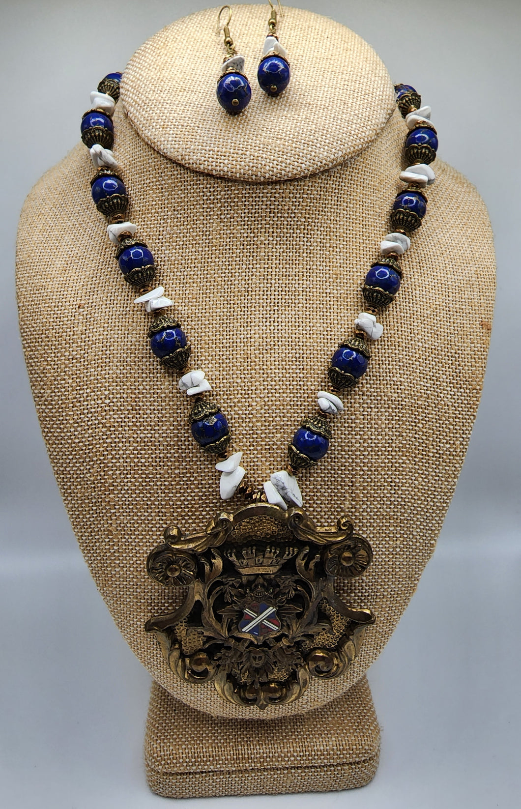 Vintage Lapis and Howlite Gemstone Braided Necklace and Earring Set With Coat of Arms Pendant - Trimmed in Antique Gold Findings With Bronze Colored Crystal Accents