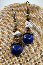 Load image into Gallery viewer, Vintage Lapis and Howlite Gemstone Braided Necklace and Earring Set With Coat of Arms Pendant - Trimmed in Antique Gold Findings With Bronze Colored Crystal Accents

