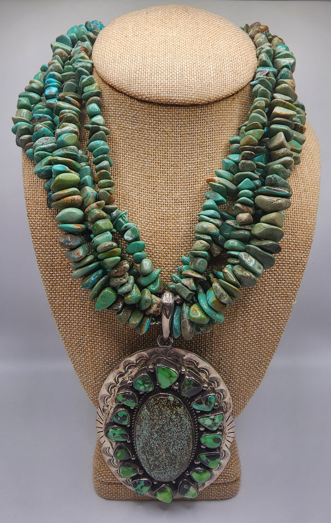 Five Strand Green Turquoise Gemstones With Variscite Cabochon Gemstone Accents - Statement Necklace With Large Sterling Silver Pendant