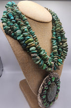 Load image into Gallery viewer, Five Strand Green Turquoise Gemstones With Variscite Cabochon Gemstone Accents - Statement Necklace With Large Sterling Silver Pendant
