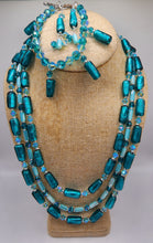 Load image into Gallery viewer, Three strand Foil Glass and Swarovski Crystal Necklace, Bracelet, and Earring Set - With Adjustable Chain
