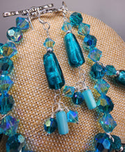 Load image into Gallery viewer, Three strand Foil Glass and Swarovski Crystal Necklace, Bracelet, and Earring Set - With Adjustable Chain
