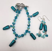 Load image into Gallery viewer, Three strand Foil Glass and Swarovski Crystal Necklace, Bracelet, and Earring Set - With Adjustable Chain
