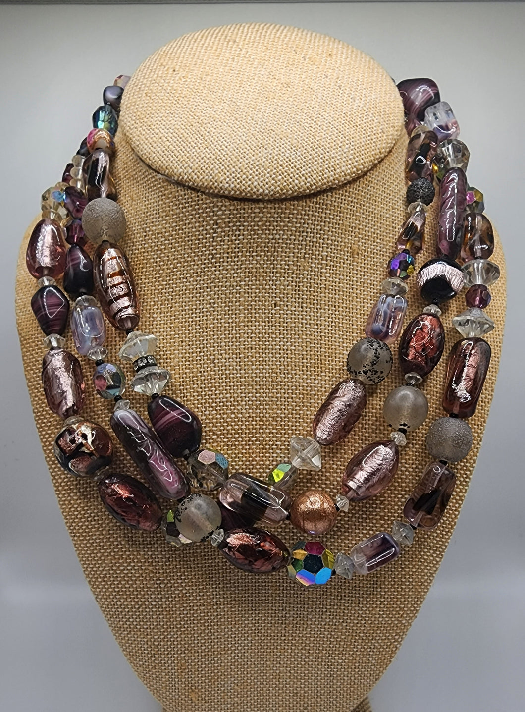Triple Strand Austrian Crystal Accented Vintage Art Glass Necklace With Ornate Clasp