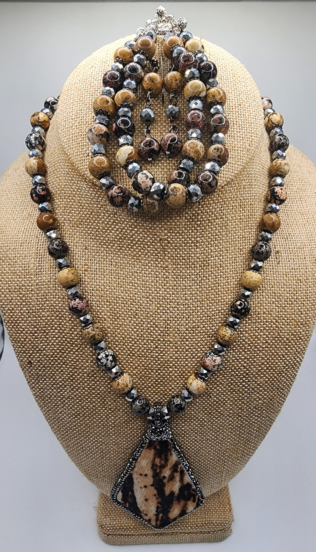 Jasper and Hematite Gemstone Beaded Necklace, Bracelet and Earring Set With Reversible Pave Embellishment Centerpiece
