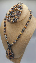 Load image into Gallery viewer, Jasper and Hematite Gemstone Beaded Necklace, Bracelet and Earring Set With Reversible Pave Embellishment Centerpiece
