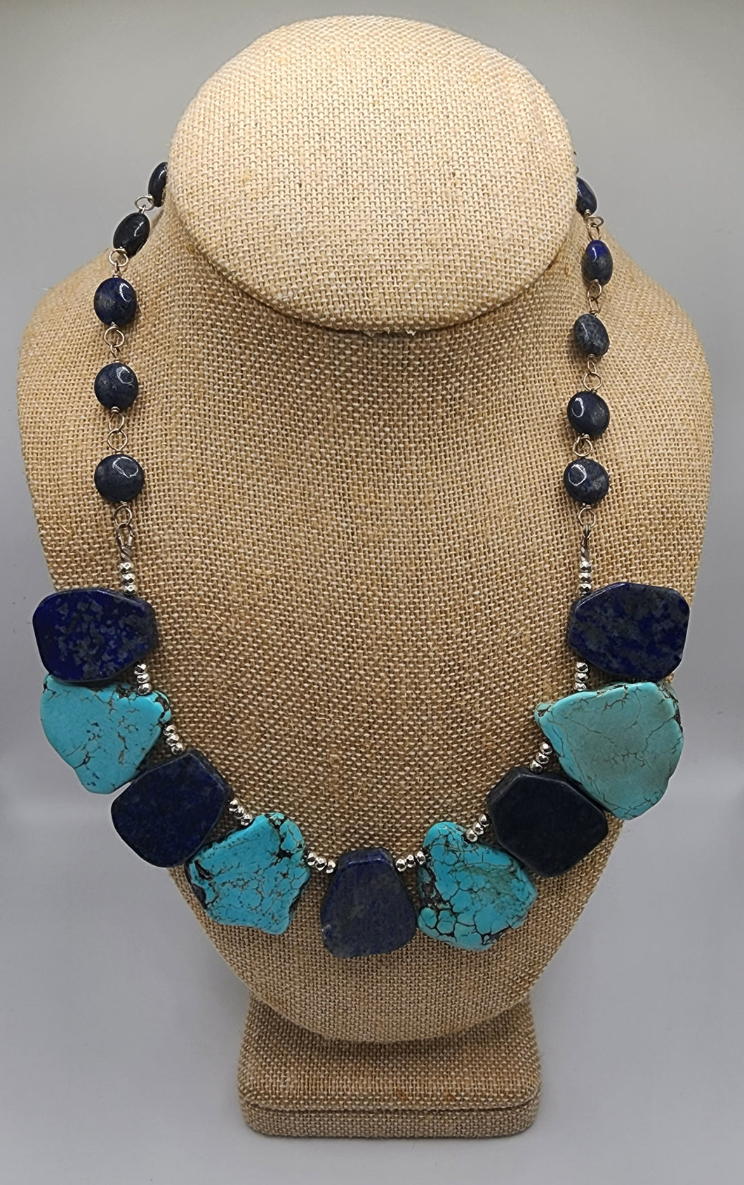Lapis Lazuli and Turquoise Slab Gemstone Necklace With Silver and Lapis Coined Shaped Beads