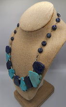 Load image into Gallery viewer, Lapis Lazuli and Turquoise Slab Gemstone Necklace With Silver and Lapis Coined Shaped Beads
