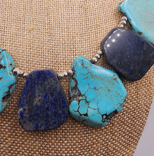 Load image into Gallery viewer, Lapis Lazuli and Turquoise Slab Gemstone Necklace With Silver and Lapis Coined Shaped Beads
