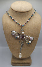 Load image into Gallery viewer, Dragonfly Freshwater Pearl,  Apatite, Perodite, and Garnet Gemstone Necklace With Custom Wire Wrapped Dragonfly Pendant Accented With Gemstones and Sterling Silver
