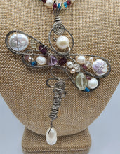Load image into Gallery viewer, Dragonfly Freshwater Pearl,  Apatite, Perodite, and Garnet Gemstone Necklace With Custom Wire Wrapped Dragonfly Pendant Accented With Gemstones and Sterling Silver
