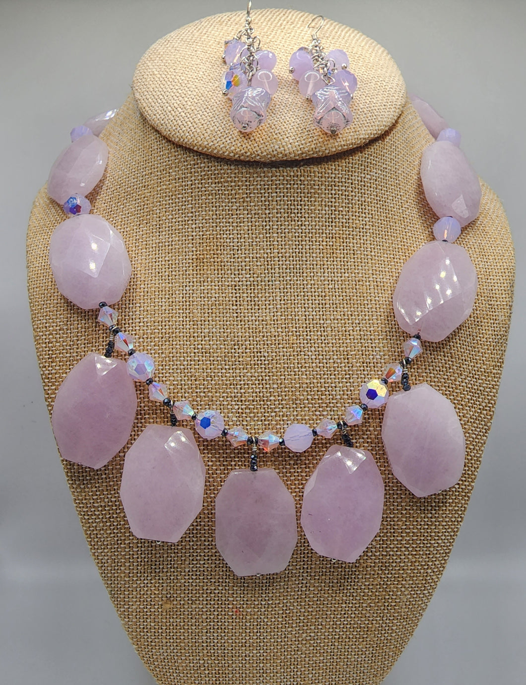 Lavender Jade Gemstone and Swarovski Crystal Necklace and Earrings Set - Trimmed in Sterling Silver