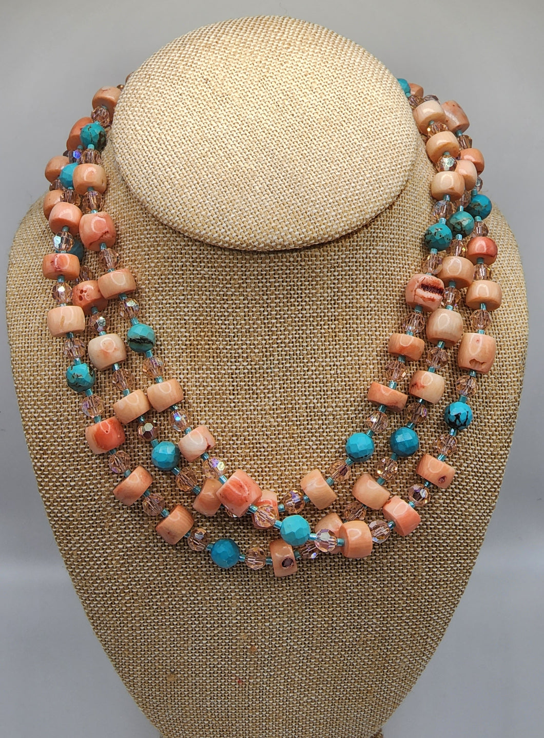 Long Strand Coral, Turquoise and Swarovski Crystal Necklace
