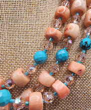 Load image into Gallery viewer, Long Strand Coral, Turquoise and Swarovski Crystal Necklace
