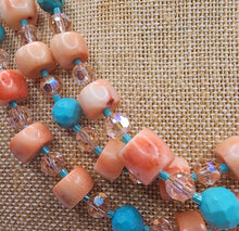 Load image into Gallery viewer, Long Strand Coral, Turquoise and Swarovski Crystal Necklace
