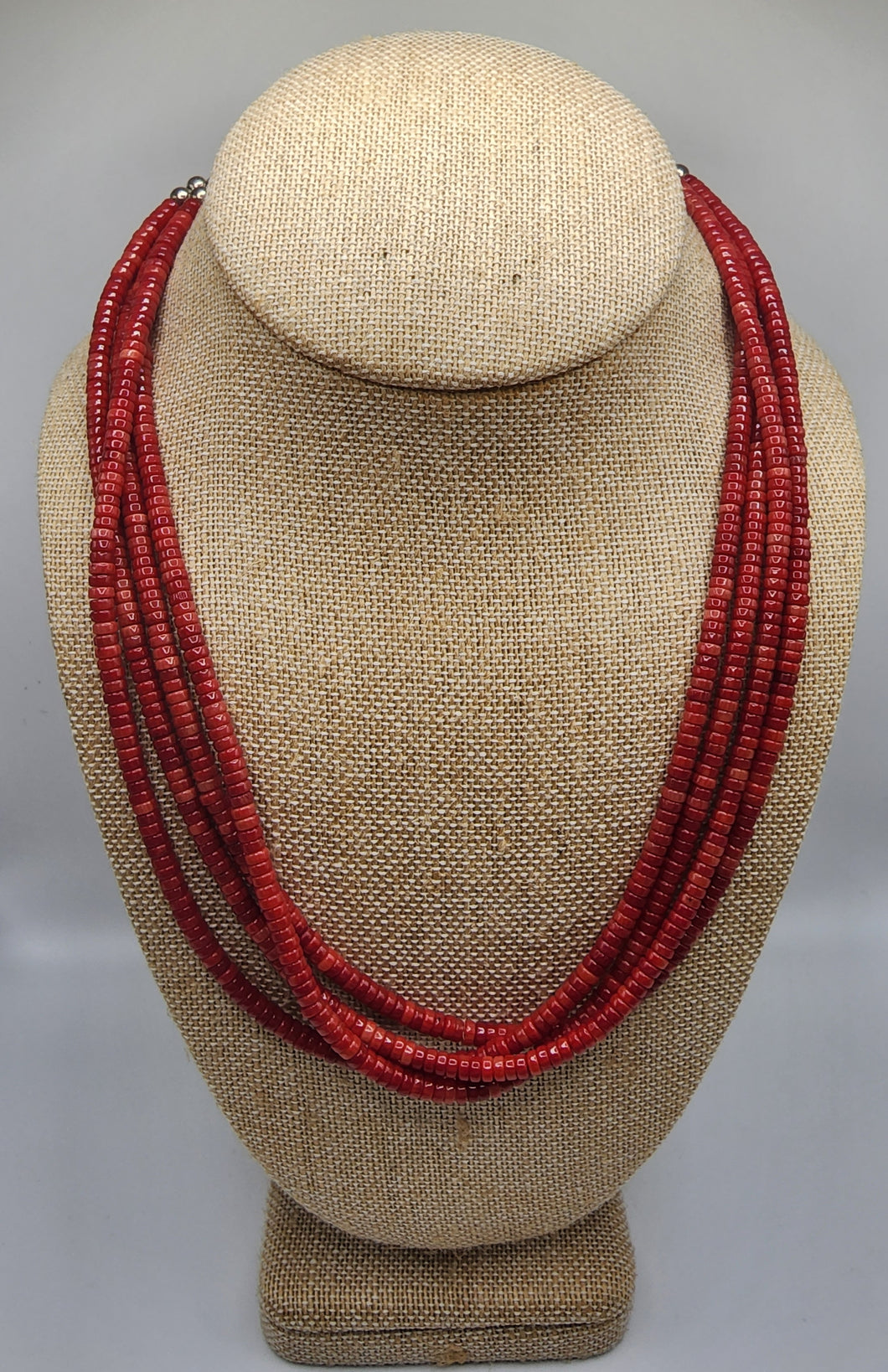 Four Stranded Red Coral Heishi Bead Necklace Trimmed in Sterling Silver With Adjustable Clasp