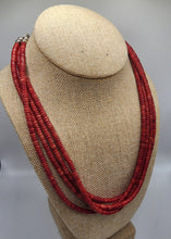 Load image into Gallery viewer, Four Stranded Red Coral Heishi Bead Necklace Trimmed in Sterling Silver With Adjustable Clasp

