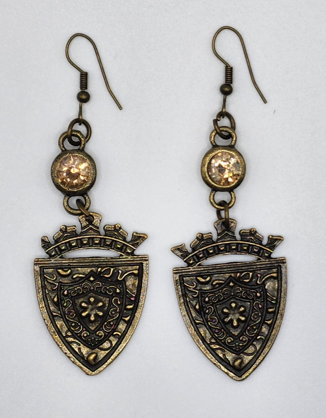 Antique Gold Earrings With Heraldic Crest-Topaz Colored Crystal Accent