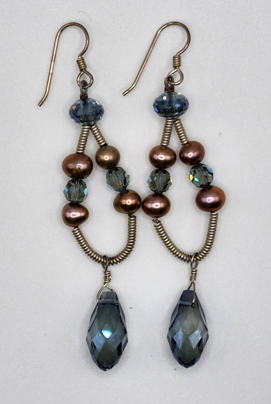 Freshwater Pearl and Blue Crystal Drop Earrings in Sterling Silver