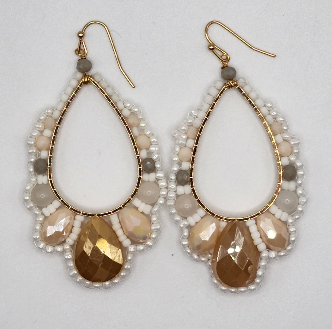 Beaded Peach, Grey and Cream Drop Gold Earring Set