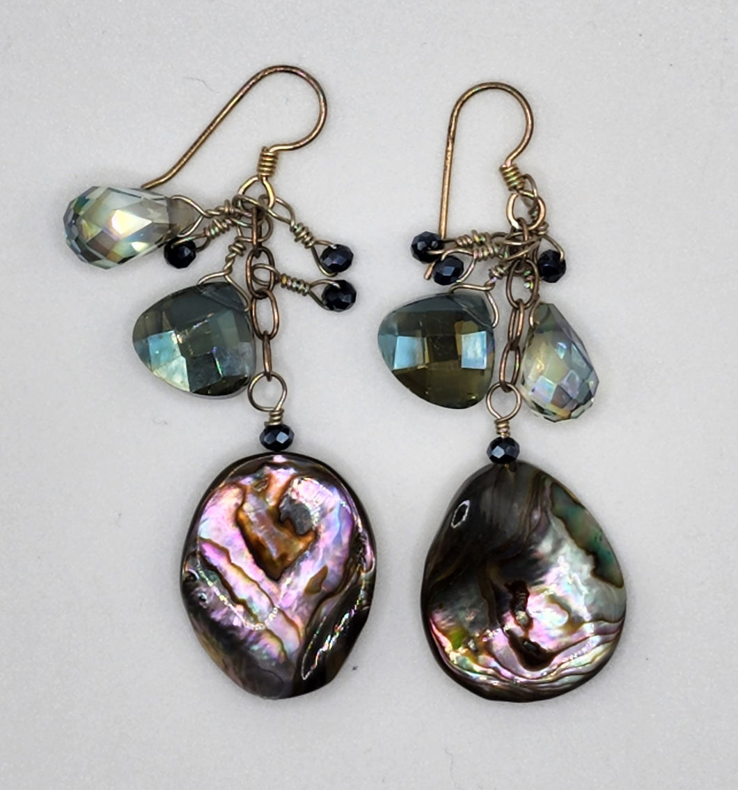 Abalone Gemstone Green Crystal Drop Earrings Set Trimmed in Sterling Silver