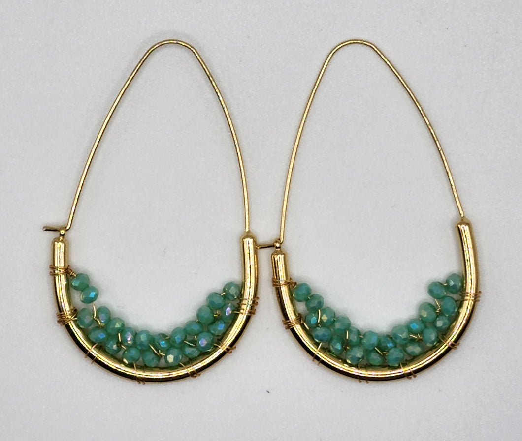 Goldtone Hoops With Mint Green Colored Woven Crystal Earring Set