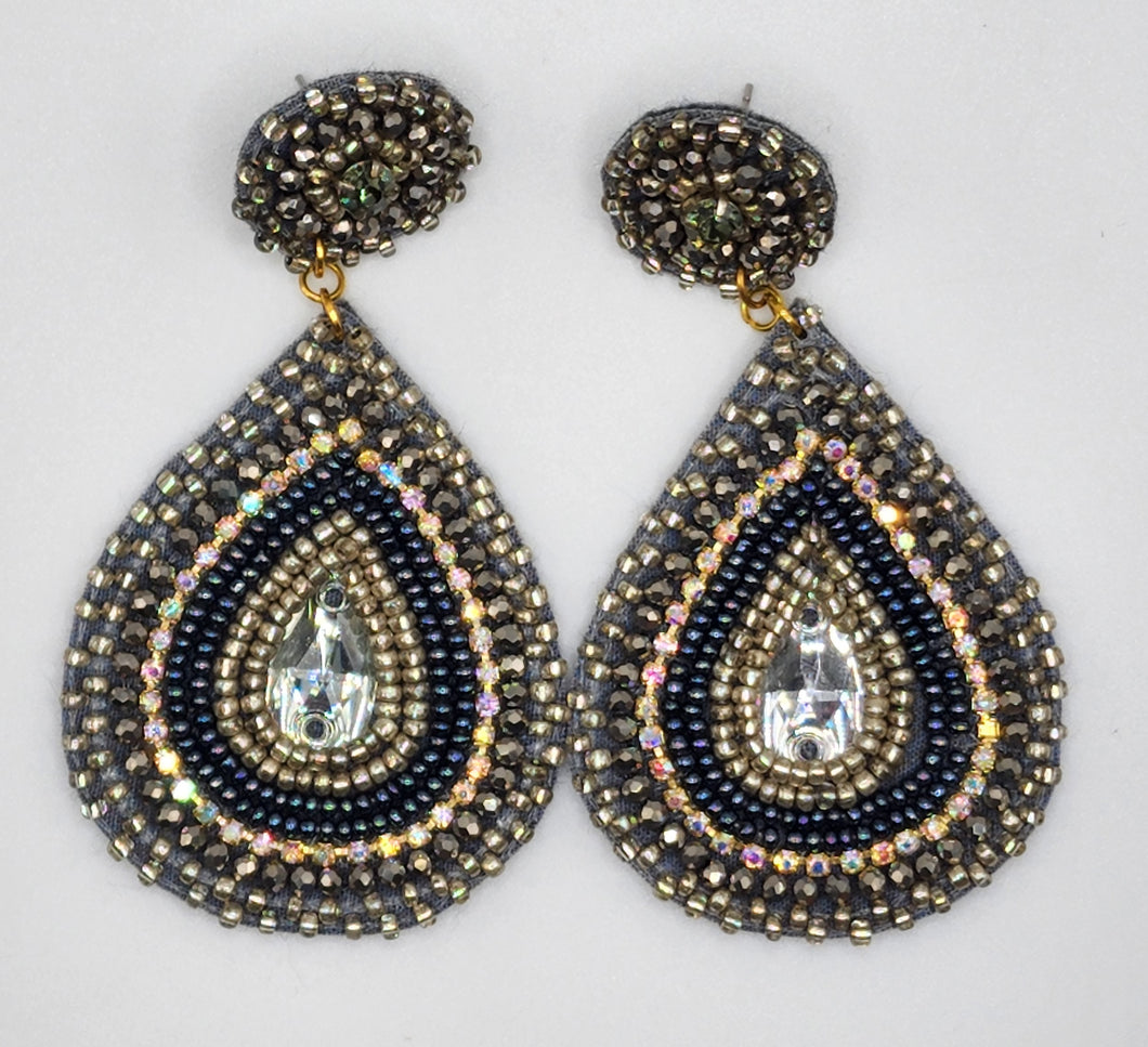Lightweight Grey, Silver, and Gold Embellished Drop Earring Set With Crystal Accent