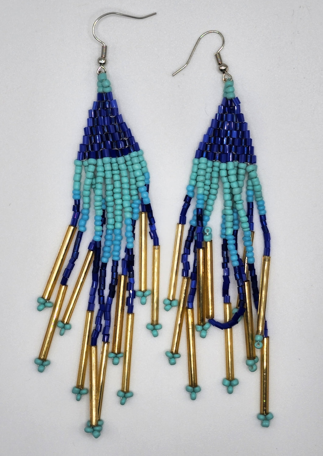 Cobalt Blue, Turquoise, and Gold Seed Bead Long Dangle Earrings