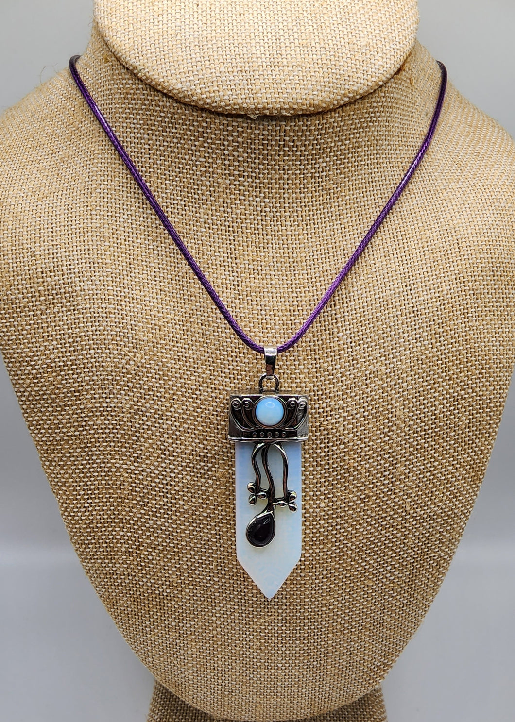 Opalite Gemstone Pendant With Decorative Silver Plated Bail Hung on Wax Cotton Cord