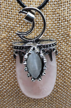 Load image into Gallery viewer, Rose Quartz Gemstone Pendant With Decorative Silver Plated Moon Bail - Hung on Wax Cotton Cord
