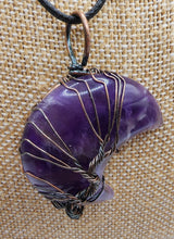 Load image into Gallery viewer, Wire Wrapped Amethyst Gemstone Moon Pendant - Hung on Wax Cotton Cord
