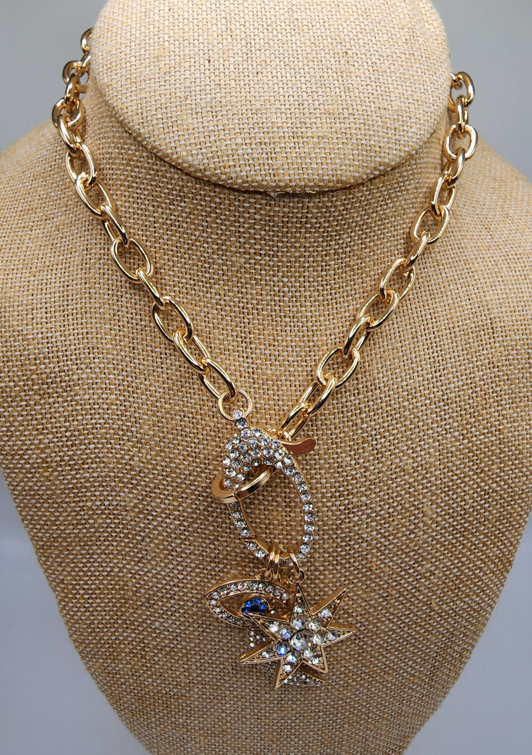 Gold Plated Necklace With Evil Eye, Star and Moon Charm Pendant