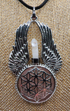 Load image into Gallery viewer, Rose Quartz Gemstone Silver Plated Pendant With Angel Wings and Flower of Life - Hung on Wax Cotton Cord
