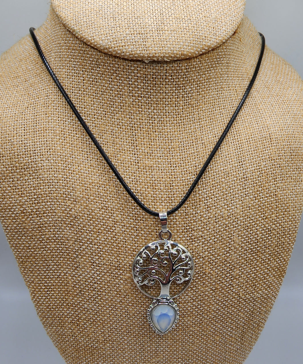 Silver Plated Opalite Gemstone Tree of Life Pendant -  Hung on Wax Cotton Cord