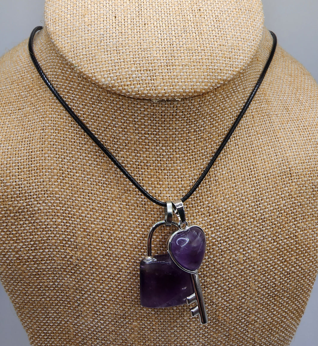 Amethyst Gemstone Lock and Key Pendants