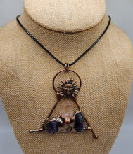 Load image into Gallery viewer, Copper Pendant With Clear Quartz Gemstone Point and Amethyst Gemstone Clusters - Decorative Sun Bail On Wax Cord
