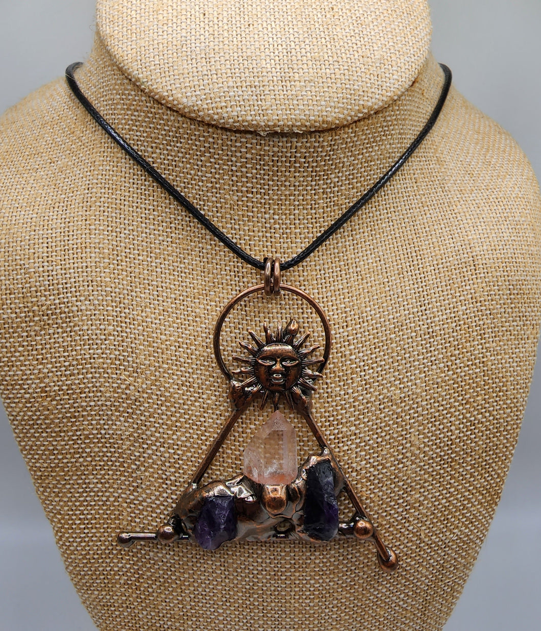 Copper Pendant With Clear Quartz Gemstone Point and Amethyst Gemstone Clusters - Decorative Sun Bail On Wax Cord