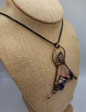 Load image into Gallery viewer, Copper Pendant With Clear Quartz Gemstone Point and Amethyst Gemstone Clusters - Decorative Sun Bail On Wax Cord

