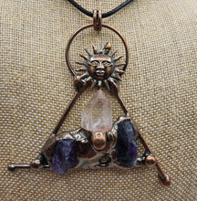 Load image into Gallery viewer, Copper Pendant With Clear Quartz Gemstone Point and Amethyst Gemstone Clusters - Decorative Sun Bail On Wax Cord

