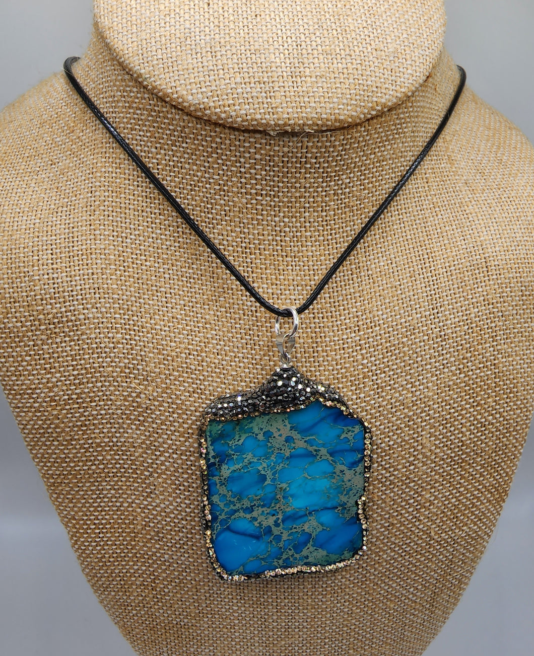 Sea Sediment Jasper Gemstone Encrusted With Pave Crystals Pendant - Hung on Wax Cotton Cord