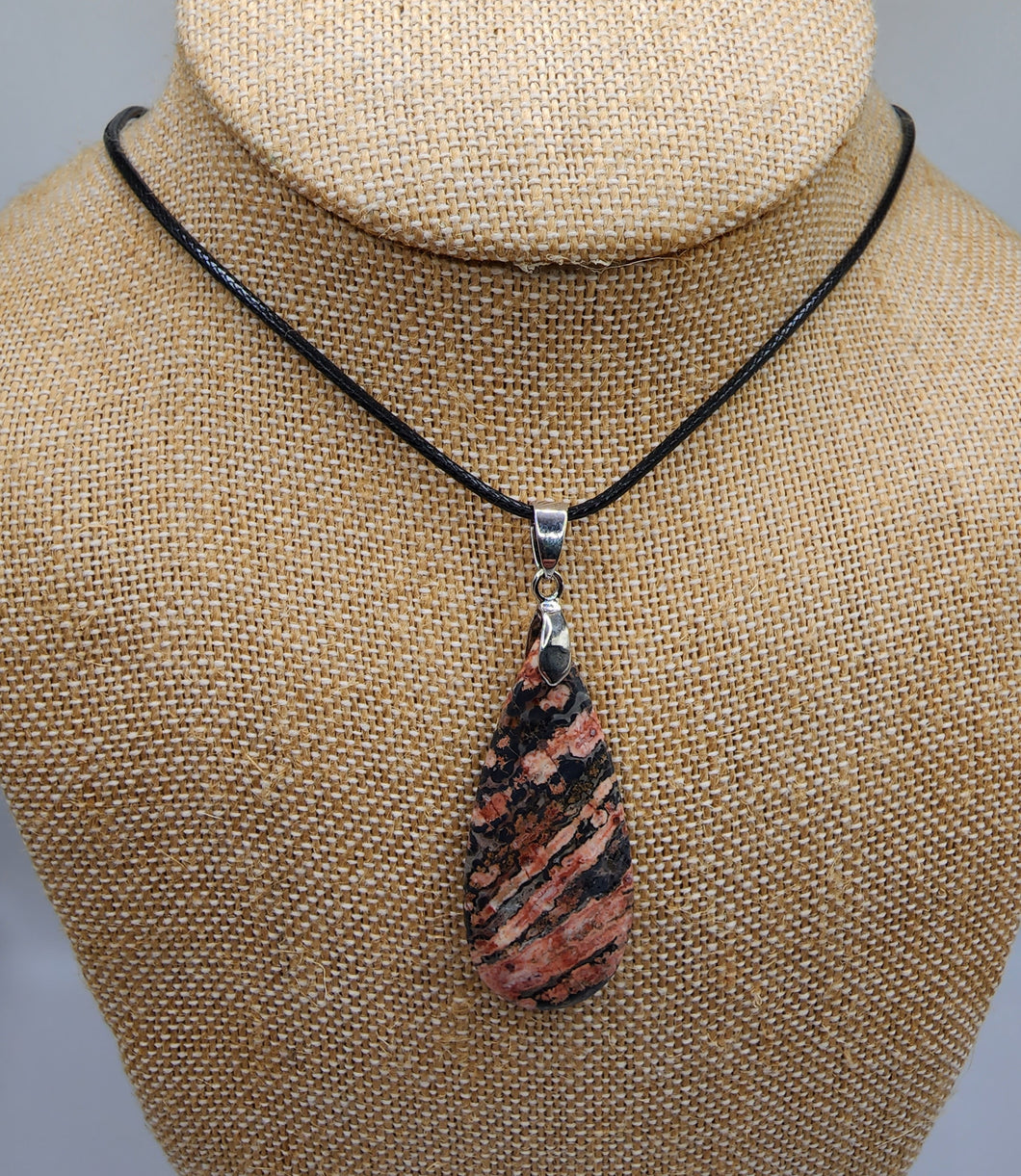 Teardrop Rhodonite Gemstone Pendant - Hung on Wax Cotton Cord