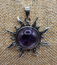 Load image into Gallery viewer, Amethyst Gemstone Silver Plated Sun Pendant - Hung on Small Silver Plated Chain
