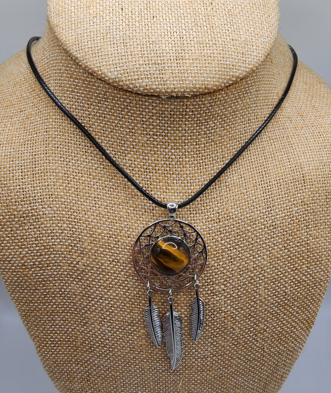 Tiger Eye Gemstone Silver Plated Dreamcatcher Pendant - Hung on Wax Cotton Cord