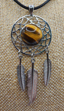 Load image into Gallery viewer, Tiger Eye Gemstone Silver Plated Dreamcatcher Pendant - Hung on Wax Cotton Cord
