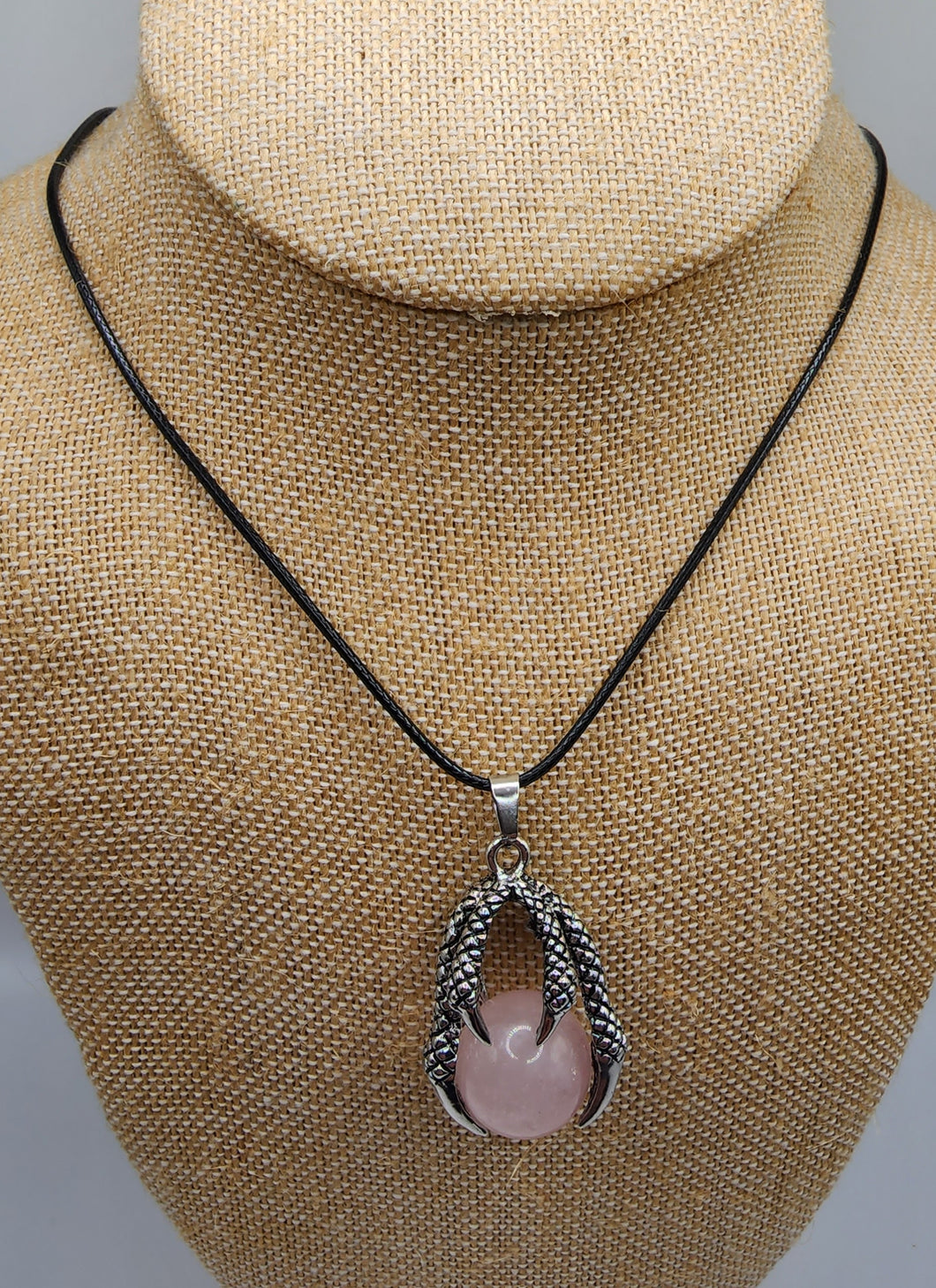 Rose Quartz Gemstone Dragon Claw Pendant - Hung on Wax Cotton Cord