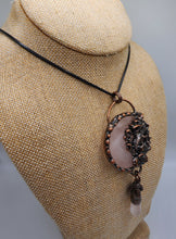 Load image into Gallery viewer, Large Rose Quartz Gemstone Pendant Set in Copper With Dragon Design - Hung On Wax Cotton Cord
